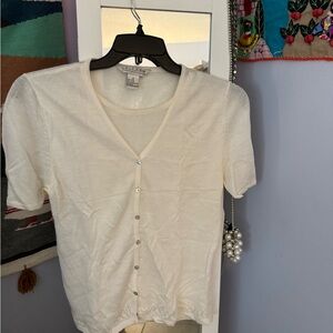 Short sleeve top with built-in shirt, mother of pearl buttons, size medium